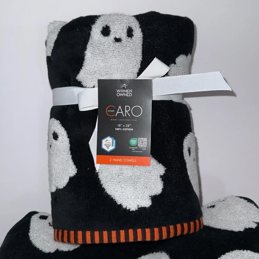 Caro 4 Piece Cotton Bath Towel Set Halloween Black Orange White Raised Ghosts